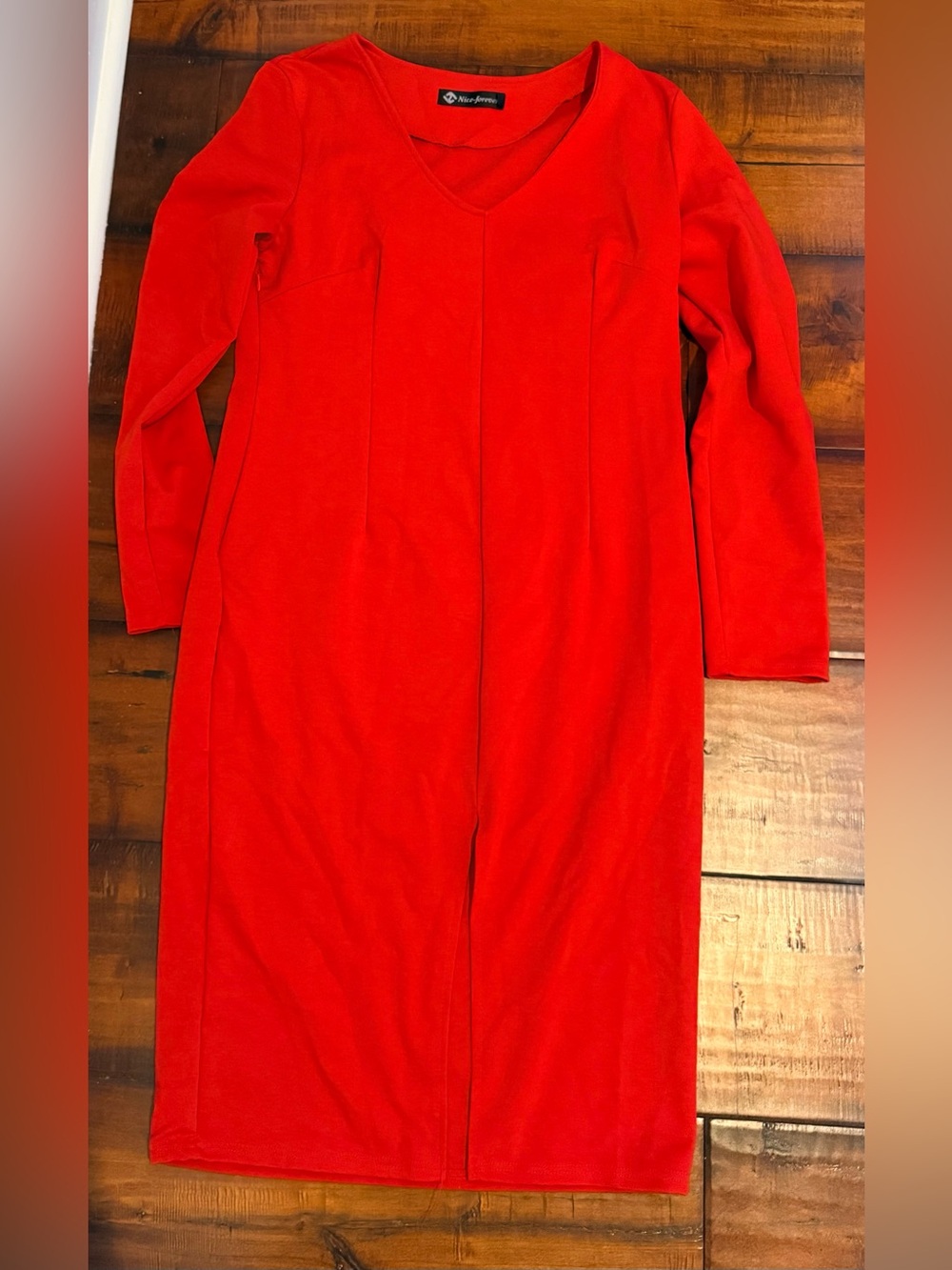 Nice-Forever Red Long Sleeve V-Neck Sheath Dress